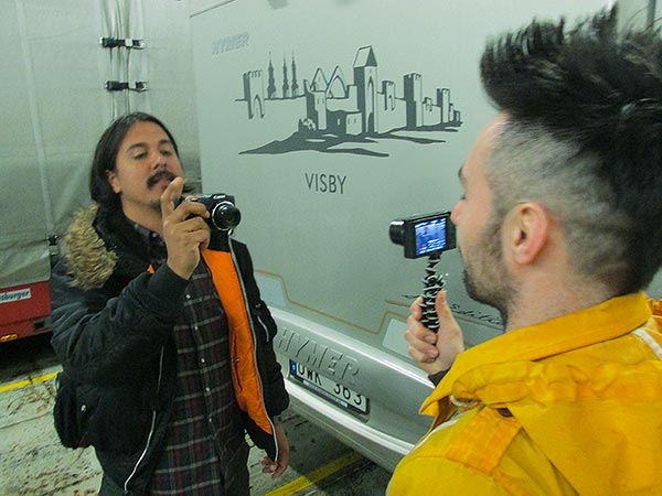 raul morales + jarda noga (l to r) in the hold of the ferry 'stena danica' in frederikshavn, denmark on may 9, 2015