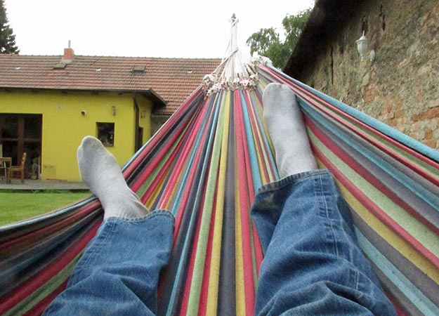 mike watt in hammock at mirek wanek's pad in cirvice, czech republic on may 30, 2015