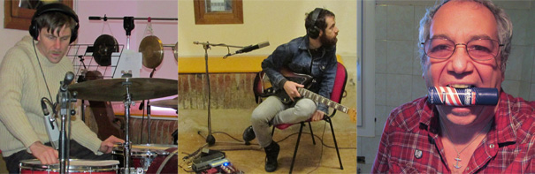 (l to r) andrea belfi, stefano pilia + mike watt at vacuum studio in bologna, italy in december of 2014