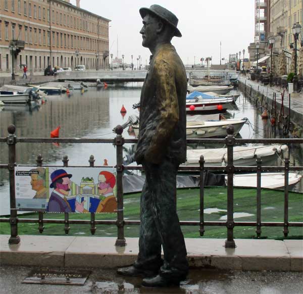 the james joyce statue on the ponte rosso in trieste, italy on october 18, 2016