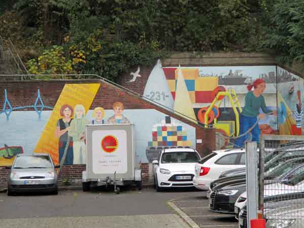 lady dockworkers mural in hamburg, germany on october 27, 2016