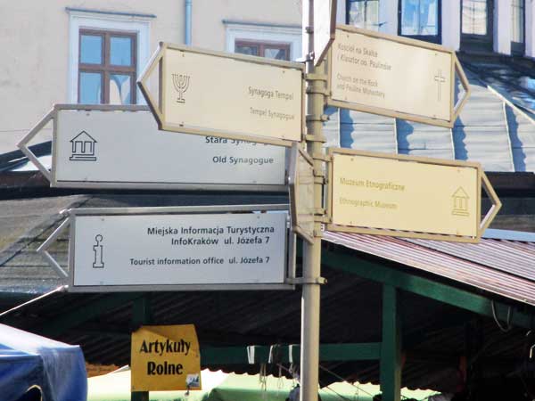 signs at the kazimierz market in krakow, poland on october 23, 2016