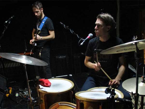 first soundcheck of the tour: stefano pilia + andrea belfi (l to r) at db's in utrecht, netherlands on september 28, 2016