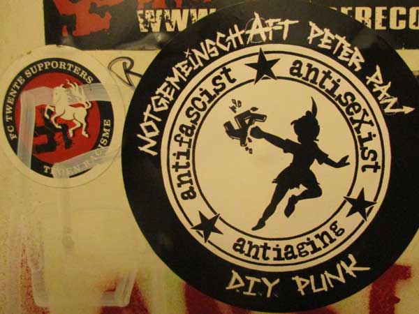 stickers in upstairs head of kapu in linz, austria on october 20, 2016