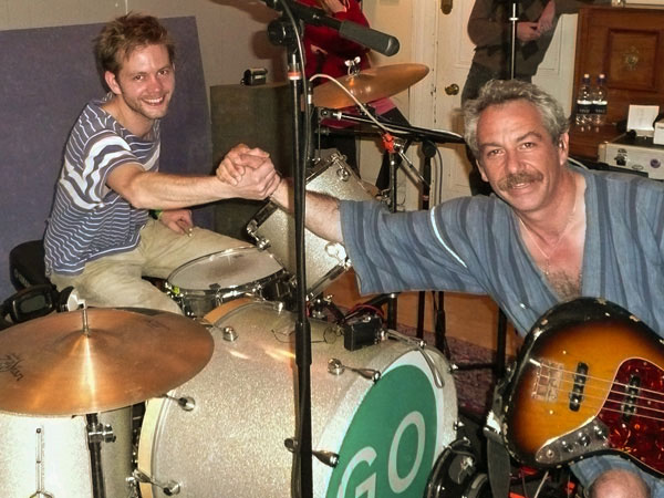 sam dook and mike watt (l to r) of cuz in brighton, england on june 12, 2008 for first cuz recording