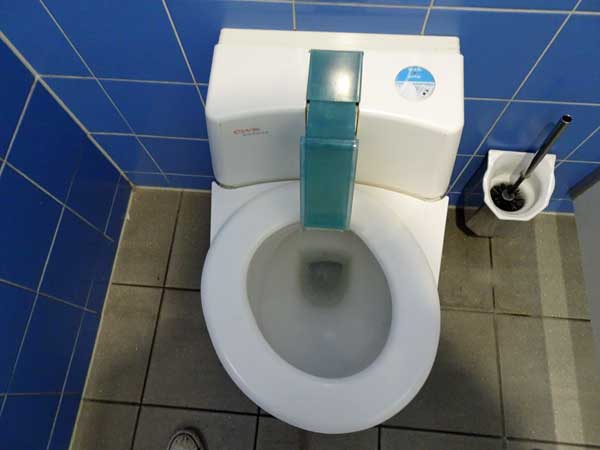 self-cleaning toilet in operation at a fuel station in germany on august 9, 2019