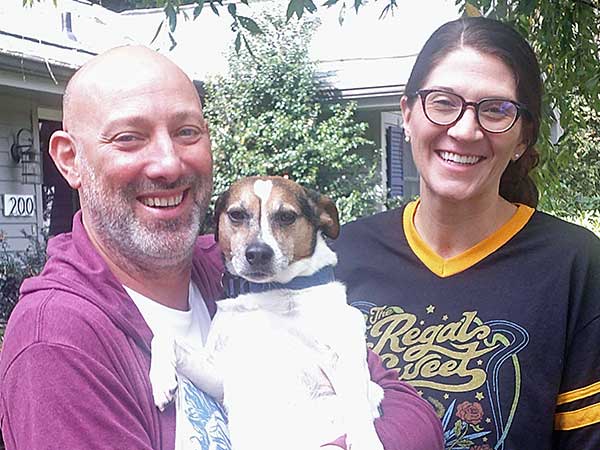 gary, bo + jess in front of their pad in sewickley, pa on october 7, 2023