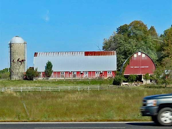 'top shelf genetics' barn mike baggetta pointed out to watt on I-94 in wisconsin on october 1, 2023