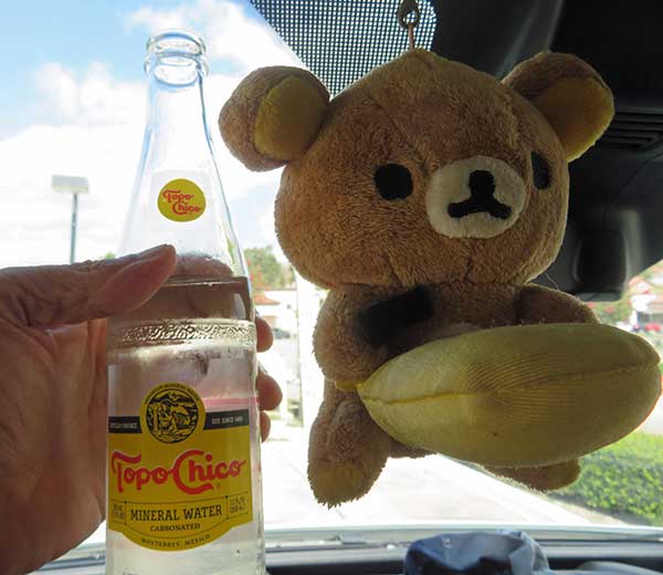 bottle of 'topo-chico' + rilakkuma in the new boat at gas stop in corona, ca on september 20, 2023