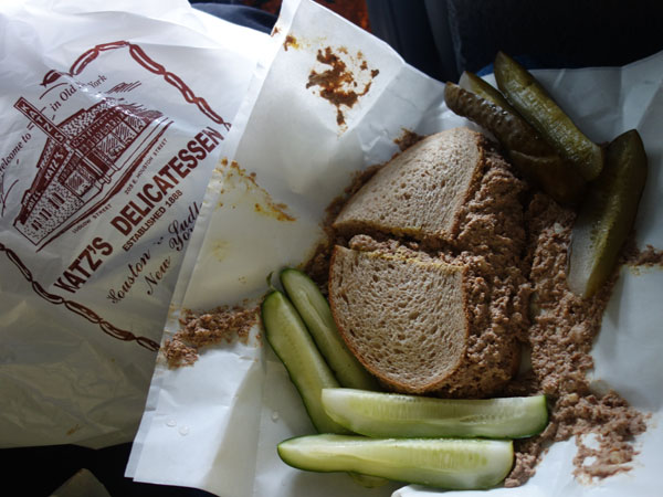 watt's chopped liver sandwich + pickles from katz's in the boat in manhattan, ny