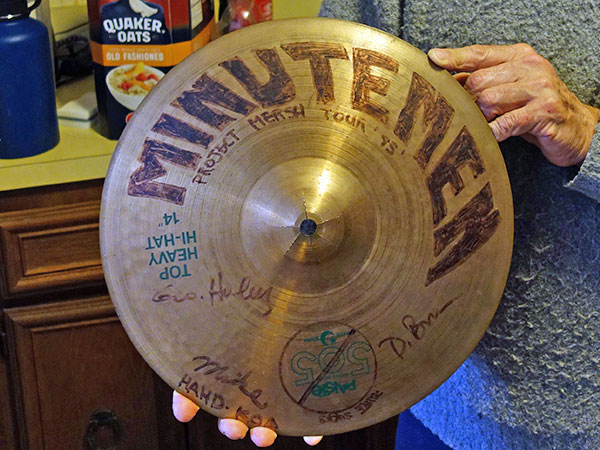 hihat cymbal that belonged to george hurley and is signed by all three minutemen