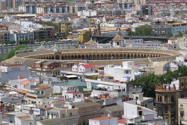 the plaza de toros bullring from the giralda in seville, spain