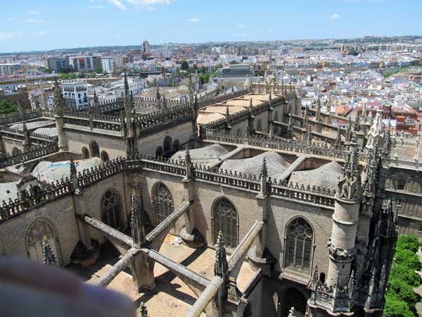 rooftop of saint mary's cathedral from the giralda in seville, spain