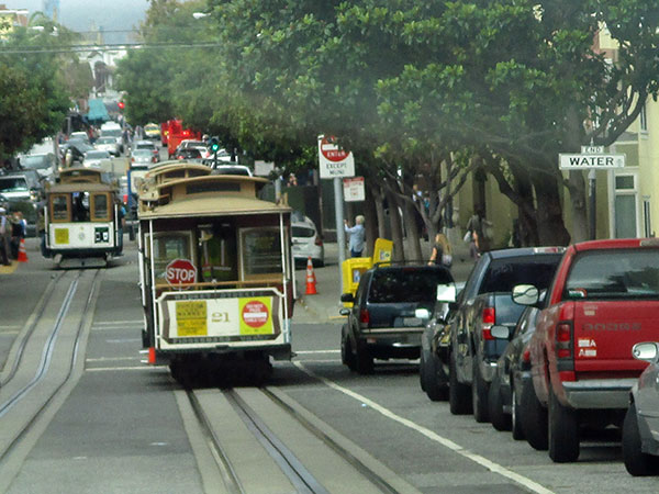 cable cars in san francisco, ca on november 1, 2015