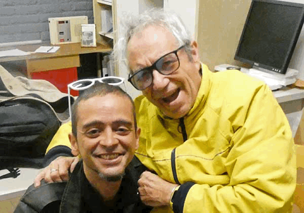 unknown photo(s) of bruno ferro xavier da silva (l) + mike watt (r) backstage at 'ds17' in dordrecht, netherlands